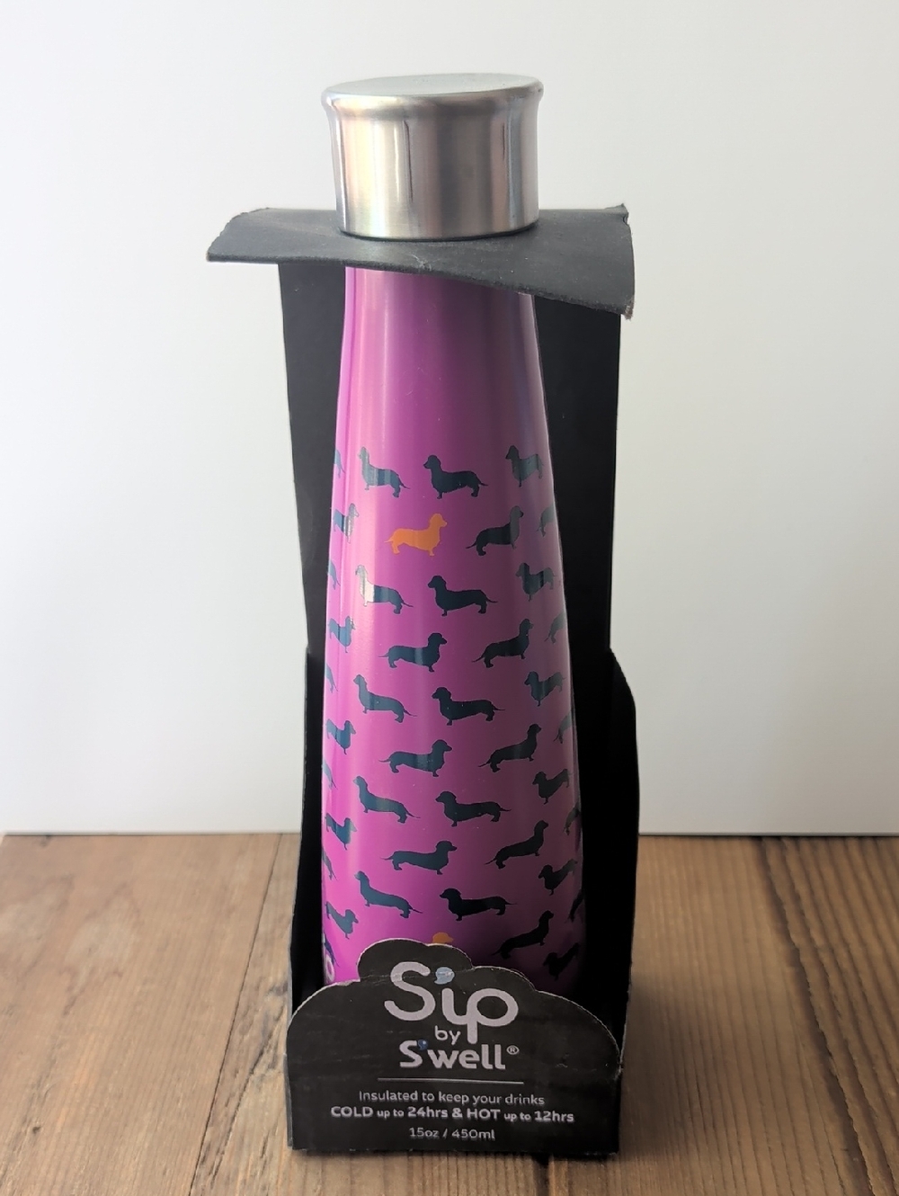 S'well Purple Water Bottle with Navy Dachshund Pattern and Yellow Accent